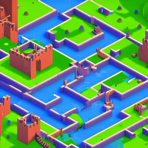 Image similar to isometric 3d video game level, castle in forest, monument valley style