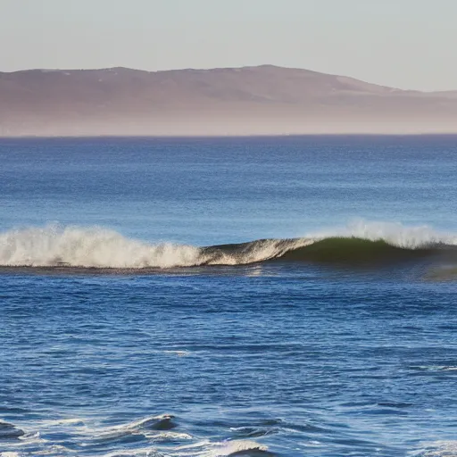 Image similar to perfect wave breaking in shallow clear water front view, hollister ranch, offshore winds, kelp, islands on horizon, late afternoon