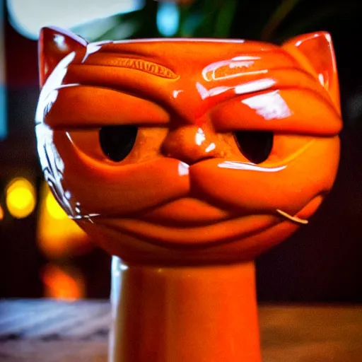 Image similar to a closeup photorealistic photograph of a glossy orange cat garfield style tiki mug sitting at a trader vic's beach bar featuring garfield's face. tiki theme. bright scene. fine detail. this 4 k hd image is trending on artstation, featured on behance, well - rendered, extra crisp, features intricate detail, epic composition and the style of unreal engine.