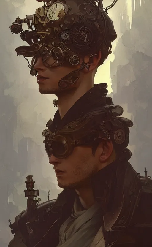 Prompt: Portrait of a steampunk young man, science fiction, highly detailed, digital painting, artstation, concept art, illustration, art by Greg Rutkowski and alphonse mucha