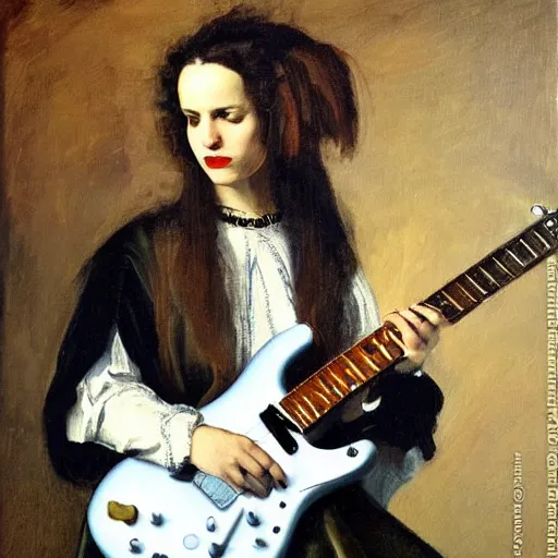 Image similar to Anna Calvi playing electric guitar, oil painting by Diego Velázquez
