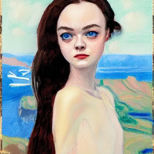 Prompt: professional painting of Elle Fanning in Santorini in the style of George Luks, head and shoulders portrait, symmetrical facial features, smooth, sharp focus, illustration, intricate, stormy weather, extremely detailed masterpiece,