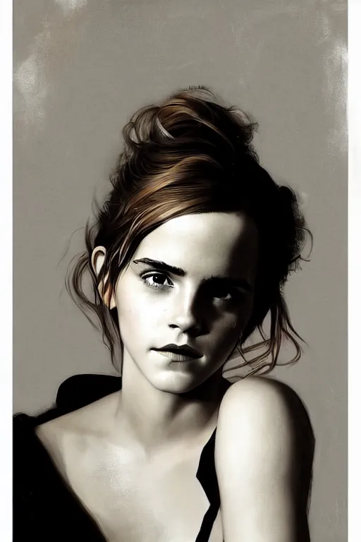 Prompt: emma watson gathered faille v - neck detailed portrait painting by gaston bussiere craig mullins j. c. leyendecker award winning photograph photorealsitic octane render photograph by richard avedon peter lindbergh monochrome studio lighting