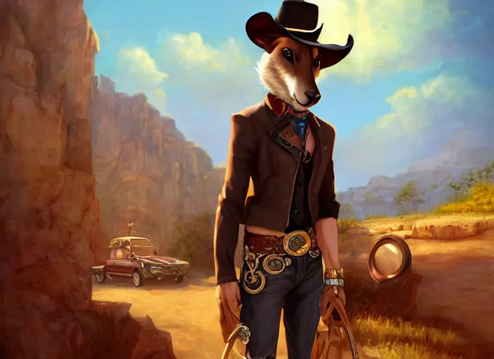 Image similar to character portrait feature of the anthro male anthropomorphic rat fursona wearing cowboy outfit wild west desperado sitting in an old monte carlo, a man whose heart is hollow, character design stylized by charlie bowater, ross tran, artgerm, makoto shinkai, detailed, soft lighting, rendered in octane