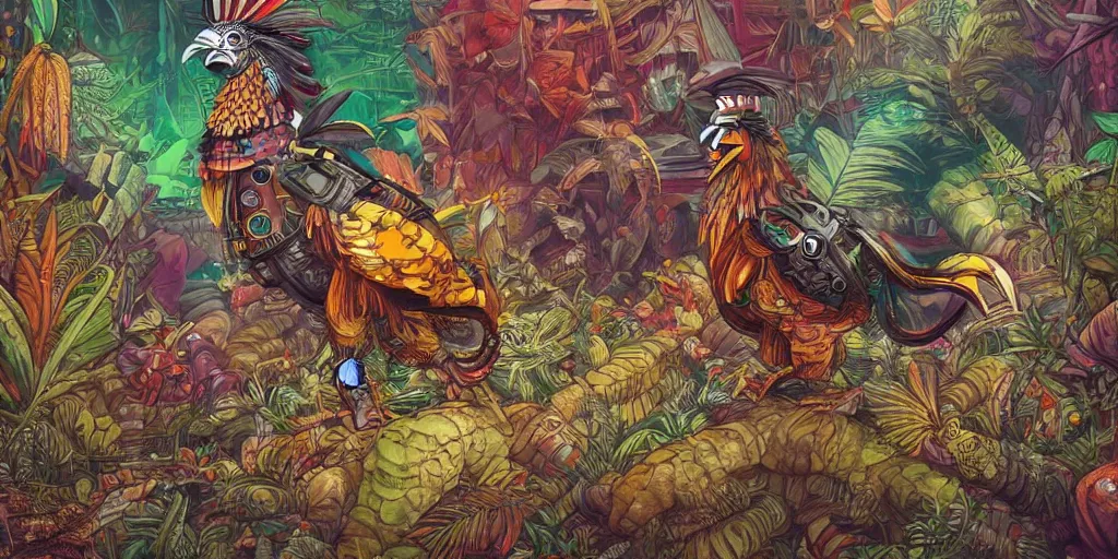 Prompt: colorful illustration of a fully armoured mechanical rooster in a dense jungle, steampunk, mix of styles, detailed