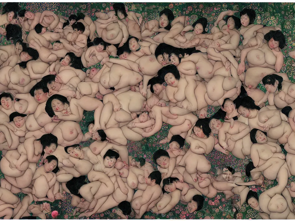 Image similar to a group of fat human bodies intertwined, dense fog, in the style of nobuyoshi araki and klimt,