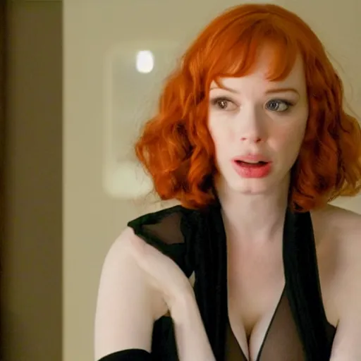 Image similar to a very surprised looking beautiful Christina Hendricks in a miniskirt in the living room, film still from the movie directed by Denis Villeneuve , wide lens