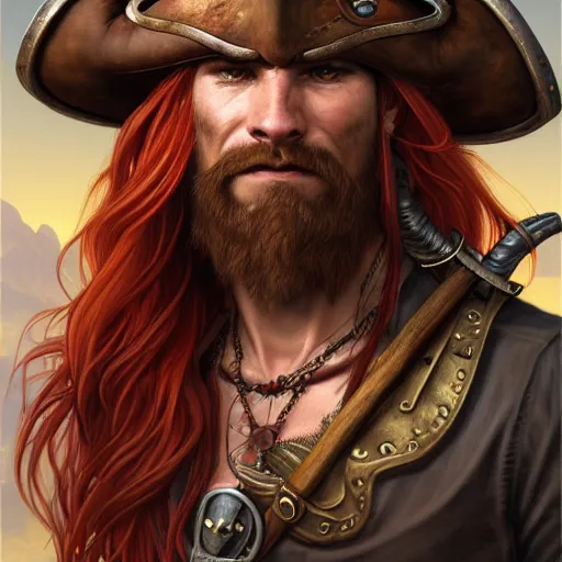 Image similar to portrait of a boar pirate with tusks, male, handsome, masculine, full body, red hair, long hair, soft hair, fantasy, intricate, elegant, highly detailed, steampunk, airship, digital painting, artstation, concept art, character art, smooth, sharp focus, illustration, art by artgerm and greg rutkowski and alphonse mucha