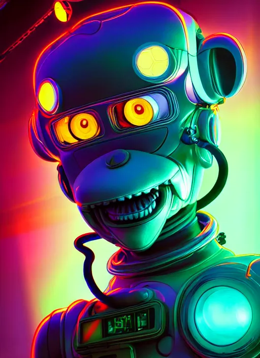 Image similar to cyber monkey in the scifi forest, in style james jean, ilya kuvshinov, hot colors, global illumination ray tracing hdr radiating a glowing aura