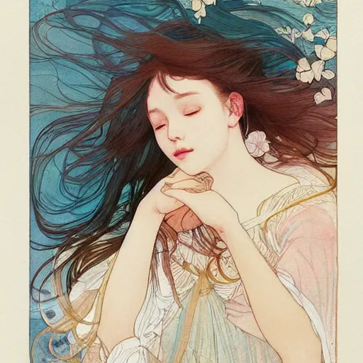 Image similar to a beautiful intricate watercolor illustration of a sleeping cute girl, 4 k, ultra - wide angle, by william turner, by victo ngai, by alphonse mucha, by miho hirano, by ellen jewett, hd, trending on artstation, hyper detailed, muted colors