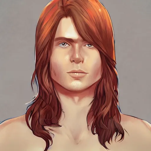 Image similar to portrait of a teen boy with long red hair and a lot of freckles and muscular, intricate, highly detailed, digital painting, artstation, sharp focus, illustration