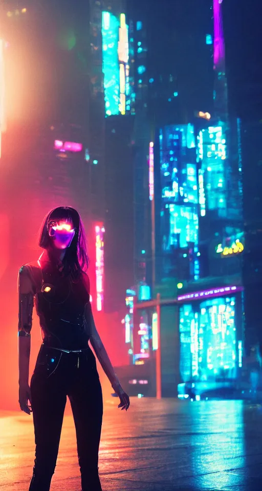 Prompt: cyberpunk women, city, neon lights, glow, sunset, atmospheric, cinematic, retrowave style,