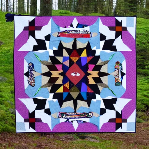 Image similar to Quilt design inspired by Haida Gwaii bear spirit, detailed, product photo,