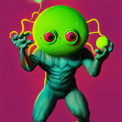 Image similar to a baby monster with six arms, Lofi vaporwave portrait tennis ball monster,chalk, Pixar style, Tristan Eaton, Stanley Artgerm, Tom Bagshaw, Basil Gogos