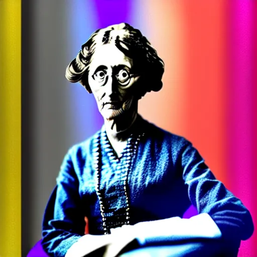 Image similar to Virginia Woolf dressed in PS4 merchandise designed by APC, colored photo, restored photo