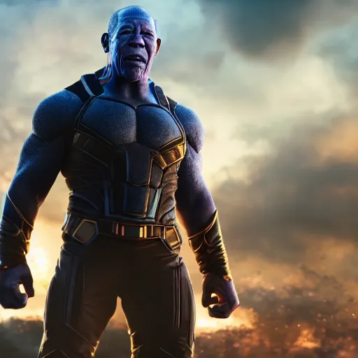 Prompt: morgan freeman as thanos, hd 4k photo