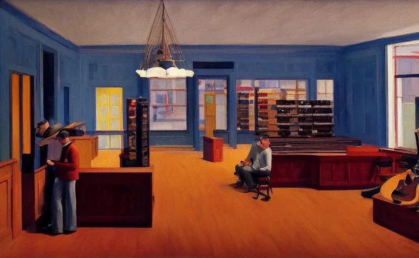 Prompt: the interior of a guitar store, painting by Edward Hopper, Wes Anderson