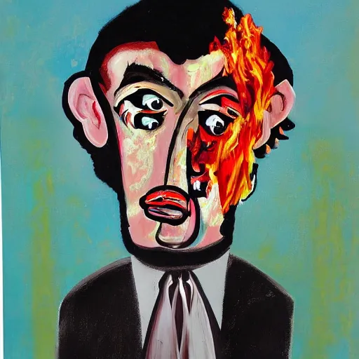 Prompt: a painting of a man set on fire by george condo