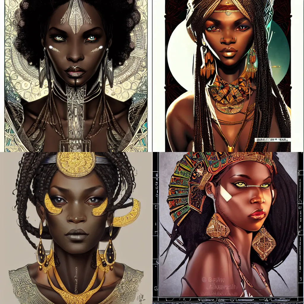 Prompt: black african princess, symmetric, intricate, highly detailed, concept art, sharp focus, illustration, rutkowski, mucha, aleksi briclot