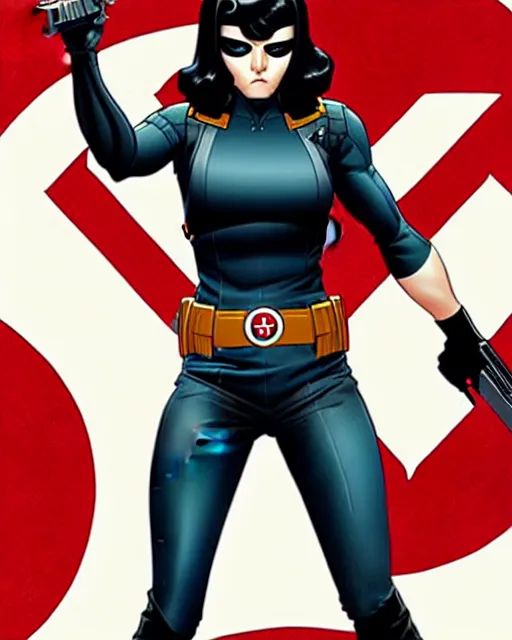 Image similar to phil noto comicbook cover art, artgerm, female domino marvel x - force, black circle spot right eye, symmetrical eyes, long red hair, full body, city rooftop