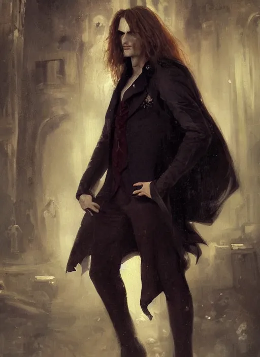 Image similar to portrait painting of the vampire lestat in paris, muscular male, long hair! long coat, elegant rugged handsome unreal render cinematic lighting art 1 8 9 0 period drama by bussiere rutkowski andreas rocha