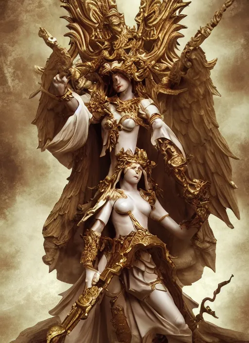 Image similar to high intricate porcelain baroque angelic priest fighting the hell demon, maria panfilova, andrea savchenko, mike kime, ludovic plouffe, qi sheng luo, oliver cook, trending on artstation