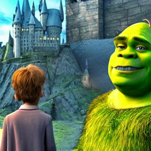 Prompt: shrek in the movie harry potter and the philosopher's stone 8 k