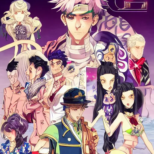 Image similar to Magazine Cover Anime key visual of a Gucci girl; official media; typography; drawn by Hirohiko Araki; Jojo's Bizarre Adventure; Jojolion, portrait, made by Stanley Artgerm Lau, WLOP, Rossdraws, James Jean, Andrei Riabovitchev, Marc Simonetti, Yoshitaka Amano, ArtStation