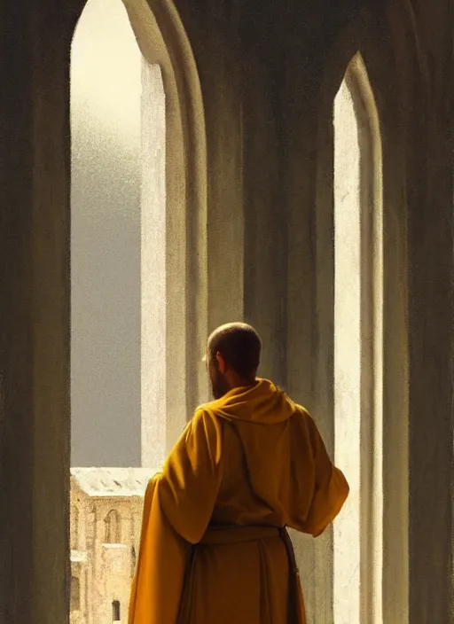 Prompt: oil painting of a medieval dominican monk in robes, looking out of a monastery window contemplatively, a majestic cathedral in the background, digital art, artstation, cinematic, golden hour, digital art painting by greg rutkowski