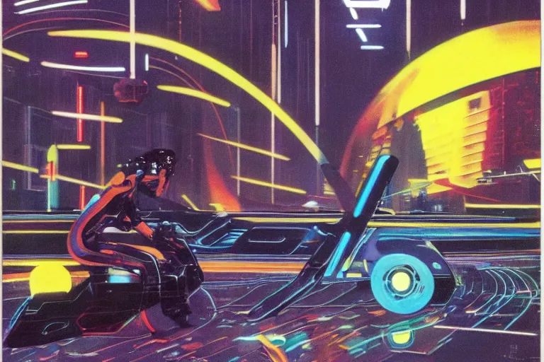 Image similar to 1979 OMNI Magazine Cover of a set of Tron Light Cycles on the Grid. in cyberpunk style by Vincent Di Fate