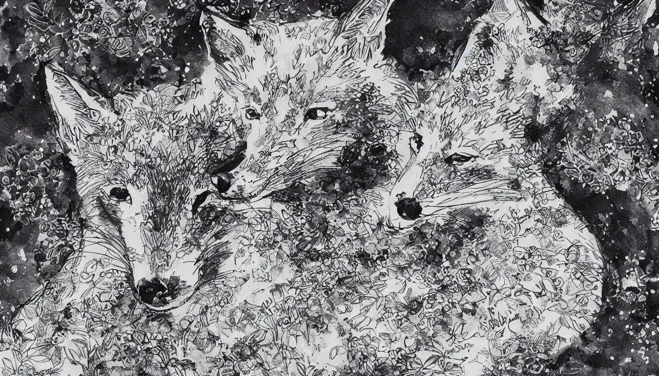 Image similar to fox, chinese ink brush, intricate background