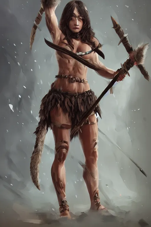 Image similar to head and legs portrait of a barbarian female, ultra sharp, very detailed, high quality focus by wlop