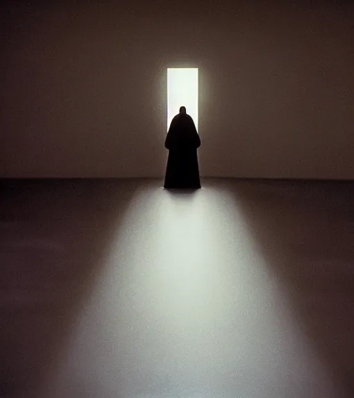 Image similar to Jesus in a white empty room, film still from the movie directed by Denis Villeneuve, wide lens, oil painting