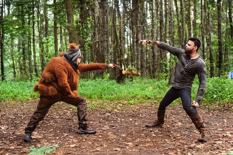 Image similar to 2 woodland creatures fighting, bullet time, woodland setting