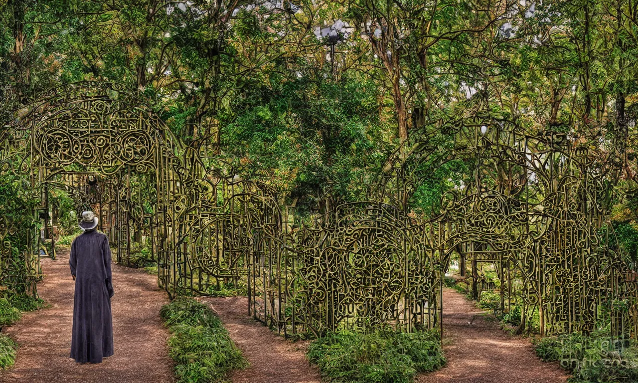 Image similar to An old gatekeeper standing in foreground of an art nouveau style English park maze ancient train pathways and walkers, digital art, perfect lighting