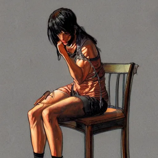 Prompt: a beautiful artwork of a young scientist with black hair sitting on a chair by Jerome Opeña, featured on artstation