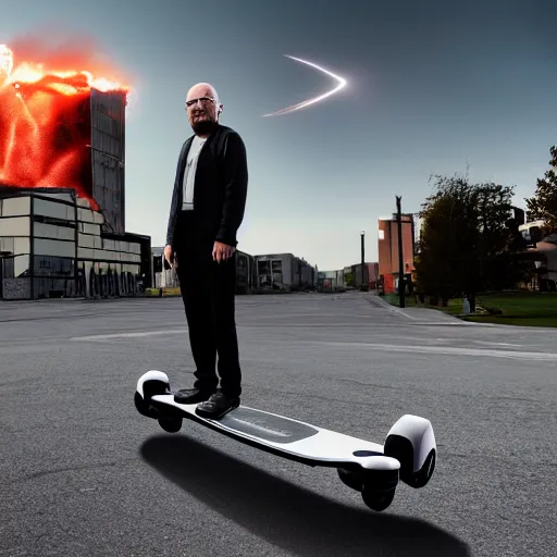 Prompt: Walter White standing on a hoverboard with an exploding building behind him, HDR, 8k,