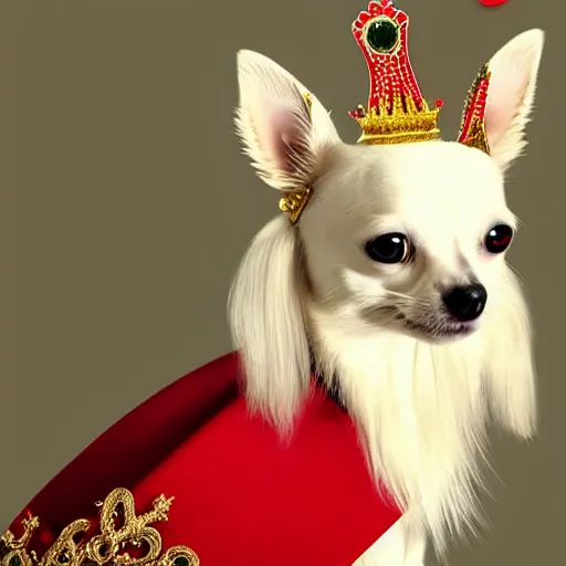 Image similar to long hair white chihuahua king wearing a red and gold crown cinematic composition, digital art, cute