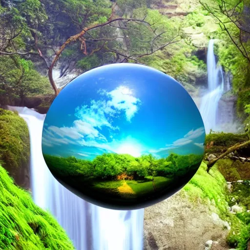 Prompt: a glass sphere containing a beautiful nature scenery,water,waterfalls,beautiful,8k