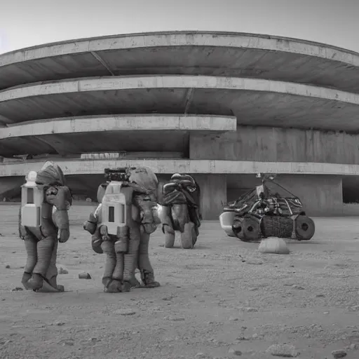 Prompt: year - 2 0 8 0 photo of : a vast retro - futuristic brutalist building on mars, surrounded by citizens in space - suits walking or driving buggies. professional architectural photography.