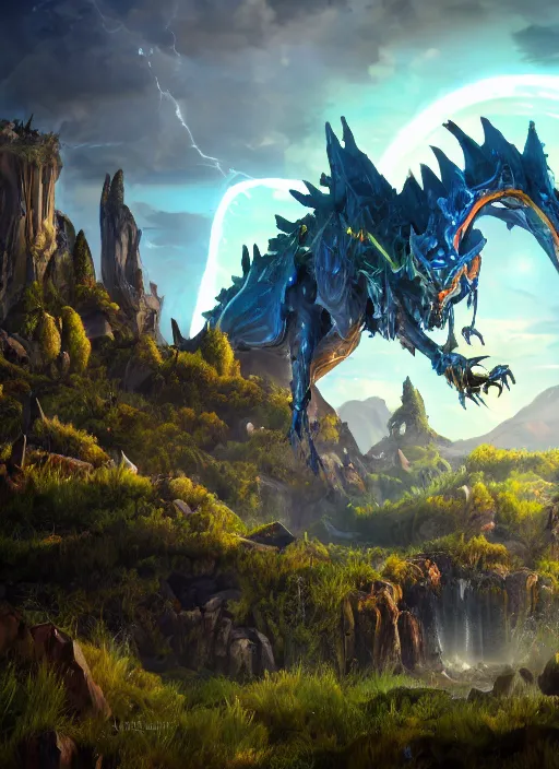 Image similar to landscape portrait of a gothic biome with glowwave dragon from overwatch, au naturel, hyper detailed, digital art, trending in artstation, cinematic lighting, studio quality, smooth render, unreal engine 5 rendered, octane rendered, art style by pixar dreamworks warner bros disney riot games and overwatch.