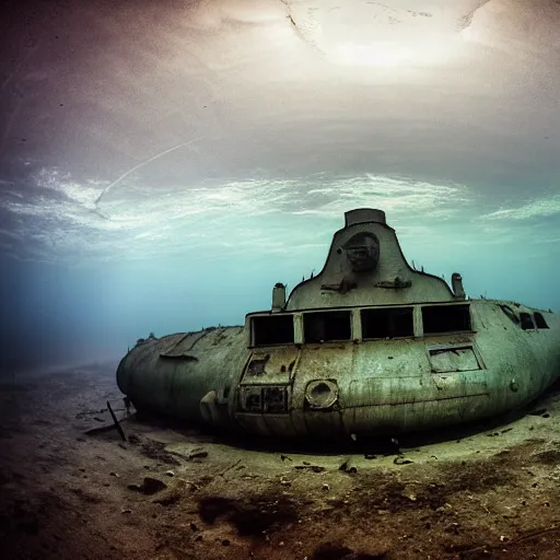 Image similar to photograph of an abandoned soviet submarine underwater, wide angle, dry ice, decay