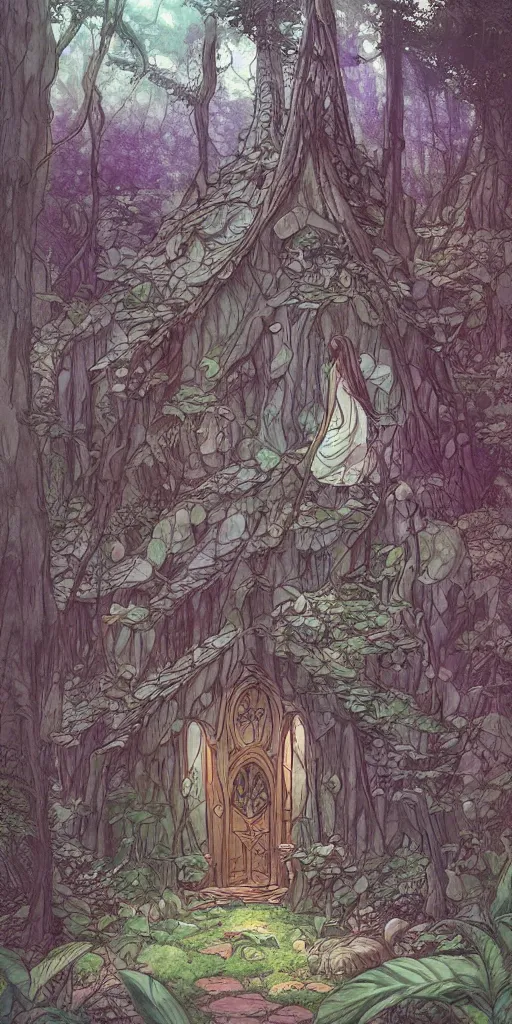 Image similar to an elvish Fairy house in the Woods, fantasy, art nouveau, architecture, daylight, warm light, spring, studio ghibli, Moebius, siya oum, ultra detailed, High definition, Sharp