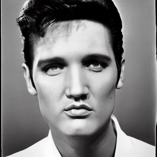Prompt: a man who is a genetic combination of elvis presley and andy warhol, face and upper - body focus, detailed eyes, photograph taken in 1 9 5 5, award winning photograph