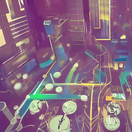 Prompt: transistor art style city concept