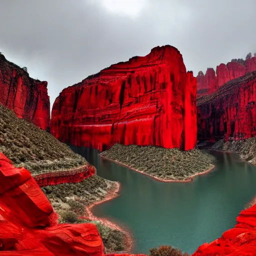 Prompt: a red cathedral in a canyon. overcast sky.