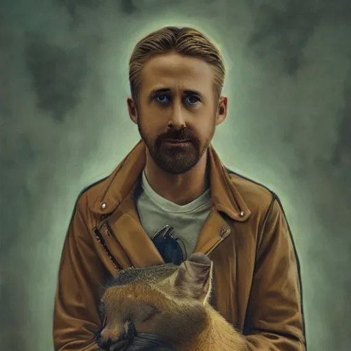 Image similar to Ryan Gosling holding a cute caracal, in style of stranger things poster, by Aron Wiesenfeld and beksincki, cinematic, detailed illustration, nature, fog, dark colors, suspense, intricate, 8k