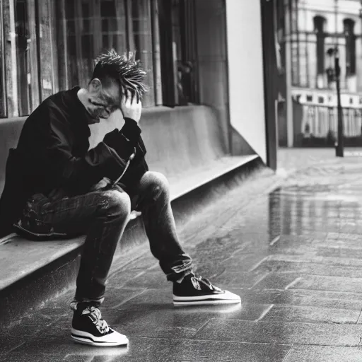 Prompt: black and white fashion photograph, highly detailed portrait of a depressed white drug dealer sitting on a bench on a busy Paris street, looking into camera, eye contact, natural light, rain, mist, lomo, fashion photography, film grain, soft vignette, sigma 85mm f/1.4 1/10 sec shutter, Daren Aronofsky film still promotional image, IMAX 70mm footage