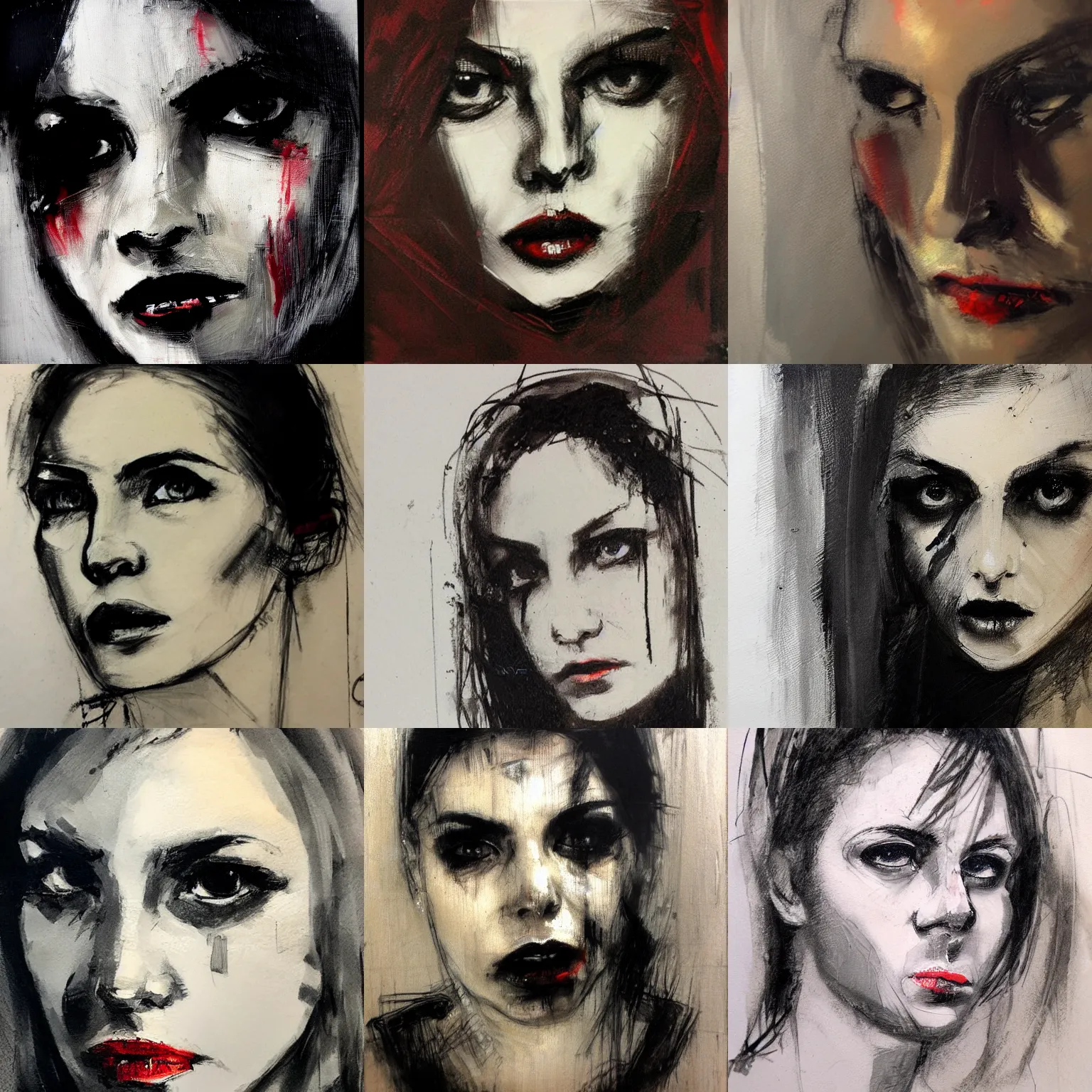 Prompt: close up face female portrait in the style of Guy Denning , Vampire,