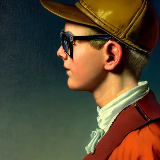 Prompt: a baroque neoclassicist close - up side profile portrait of a colorful retrofuturistic cyborg boy with a baseball hat and glasses, glowing fog in the background. renaissance portrait painting. highly detailed science fiction painting by norman rockwell, frank frazetta, and syd mead. rich colors, high contrast, gloomy atmosphere, dark background. trending on artstation